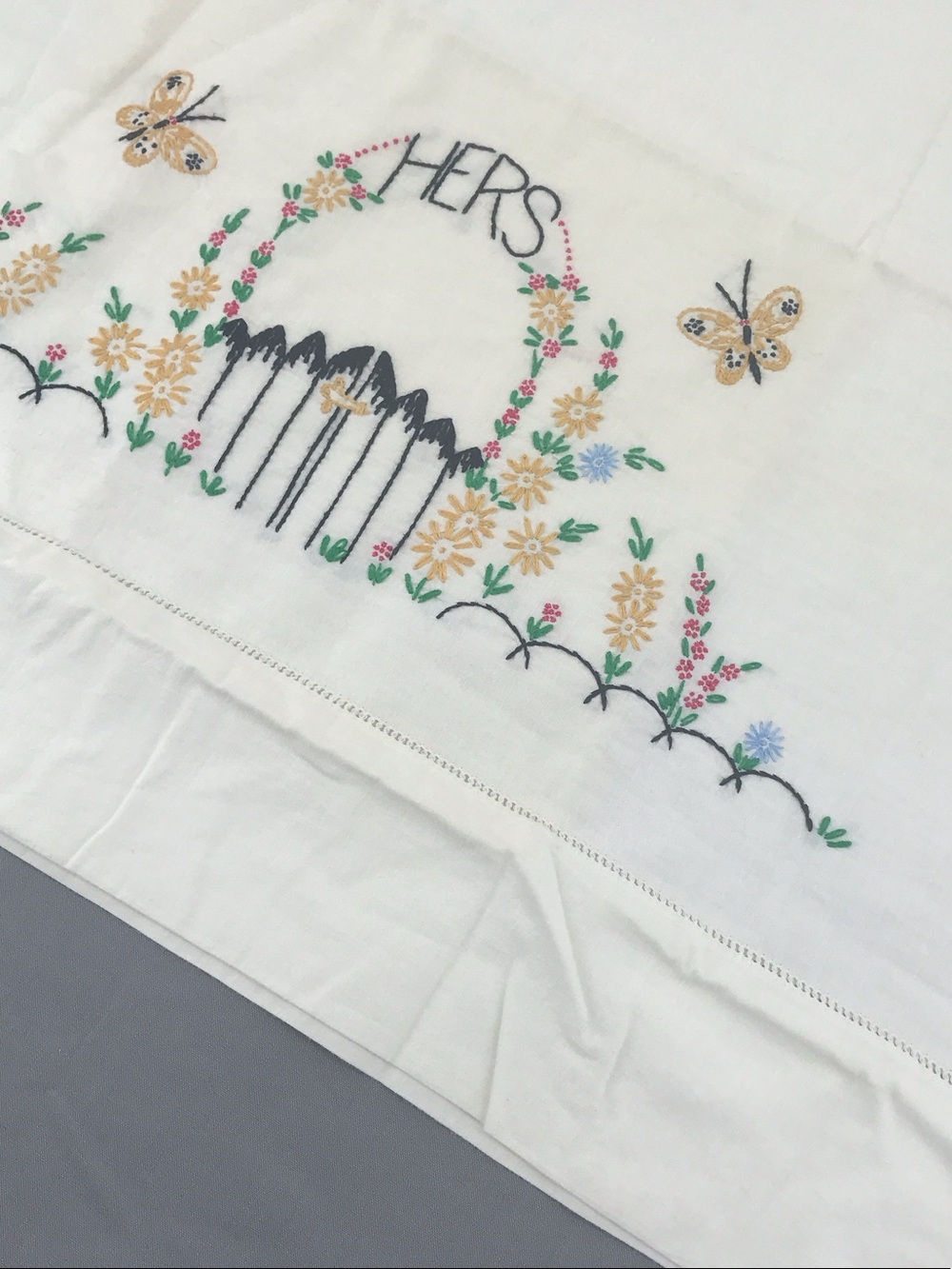 Embroidered 'His' and 'Hers' Pillowcase Set - Cream with Floral Detail - Picture 8 of 8